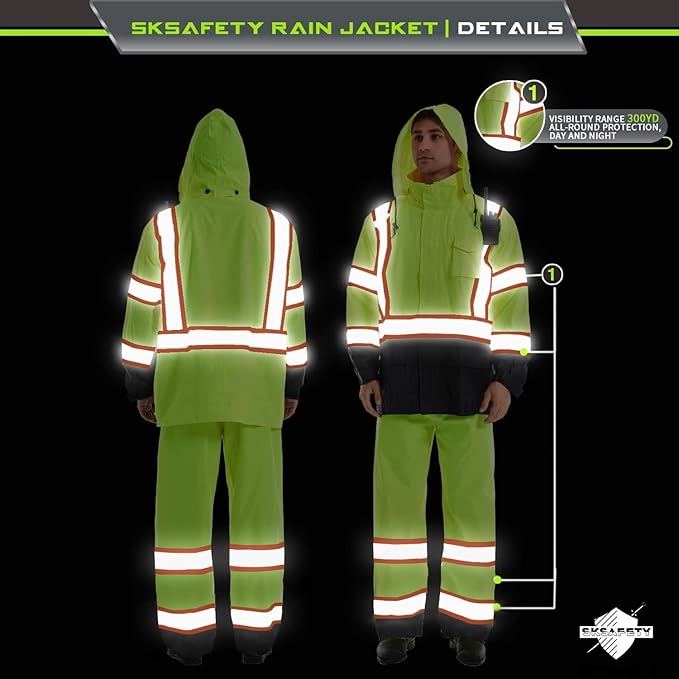 SKSAFETY Hi Vis Safety Rain Jacket for Men, Construction Work Rain Gear Heavy Duty Class 3 Rain Coat Waterproof Lightweight