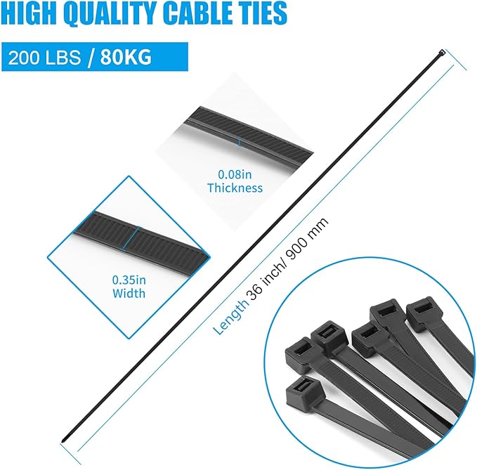 Armpow 36 inch Black Zip Ties Heavy Duty 40PCS, 200LBS Ultra Exclusive Strong Plastic Wire Ties, Large Cable Ties Extra Long Tie Wraps, Indoor and Outdoor UV Resistant