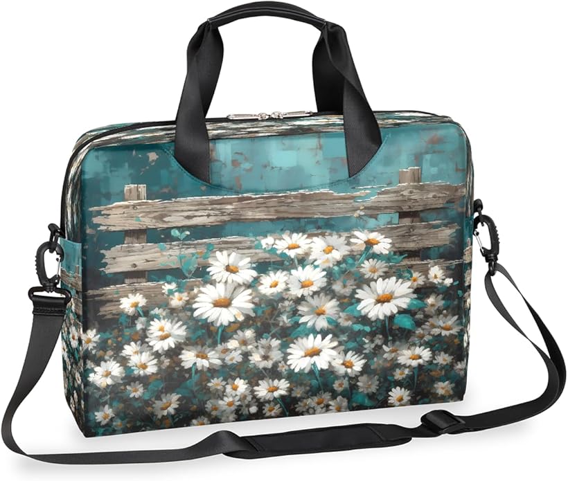 Vintage Daisy Wooden Board Laptop Bag 16 Inch, Slim Business Briefcase for Men Women, Shoulder Bag with Handle & Detachable Strap, Work Office Computer Messenger Bag