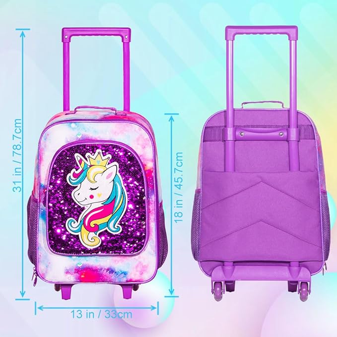 2PCS Girls Suitcase Set, 18" Kids Unicorn Carry on Luggage with Wheels, Cute Sequin Children Travel Rolling with 12" Toddler Backpack(Purple)