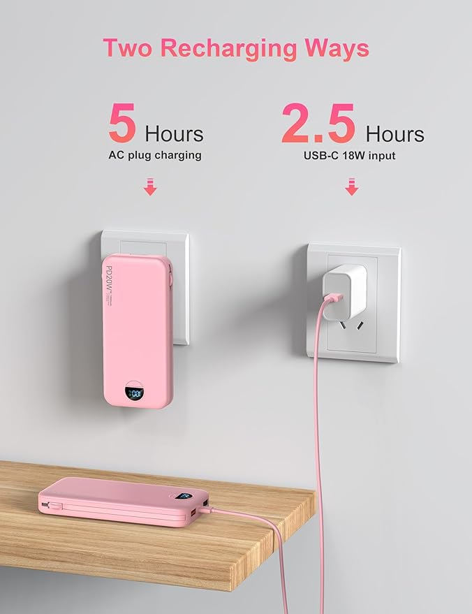 Portable Charger with Wall Plug, 10000mAh USB C Power Bank Fast Charging, External Battery Pack with Built in Cables, Digital Display, 5 Output 4 Input for iPhone Android Cell Phone Tablet