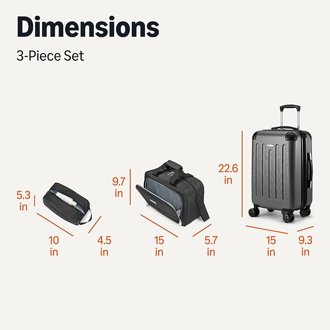 Amazon Basics 3-Piece Luggage Set with Spinner Wheels, Including 22" Expandable Hardside Carry-On Suitcase, 15-inch Tote Bag, and 10-inch Compact Travel Bag, Black