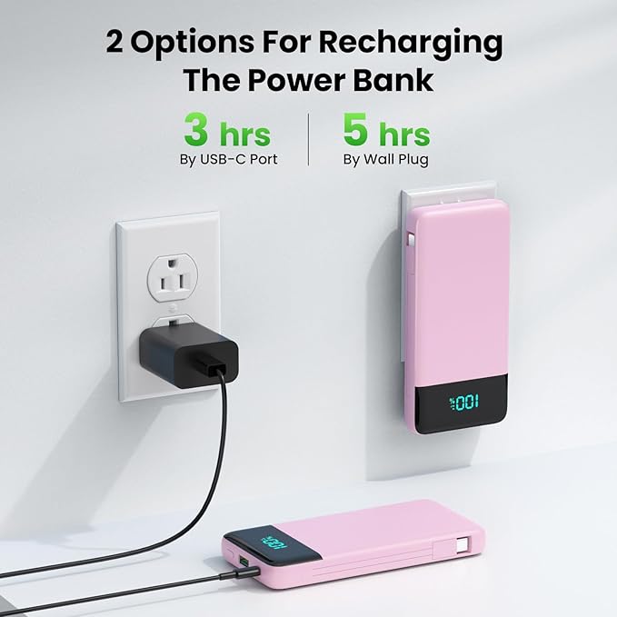 Portable Charger with Built-in AC Plug and Cables,13800mAh All in One USB C Fast Charging Power Bank,Travel Essentials Portable Phone Charger Battery Pack for iPhone 17/16/15/14/13,Galaxy,Android-Pink