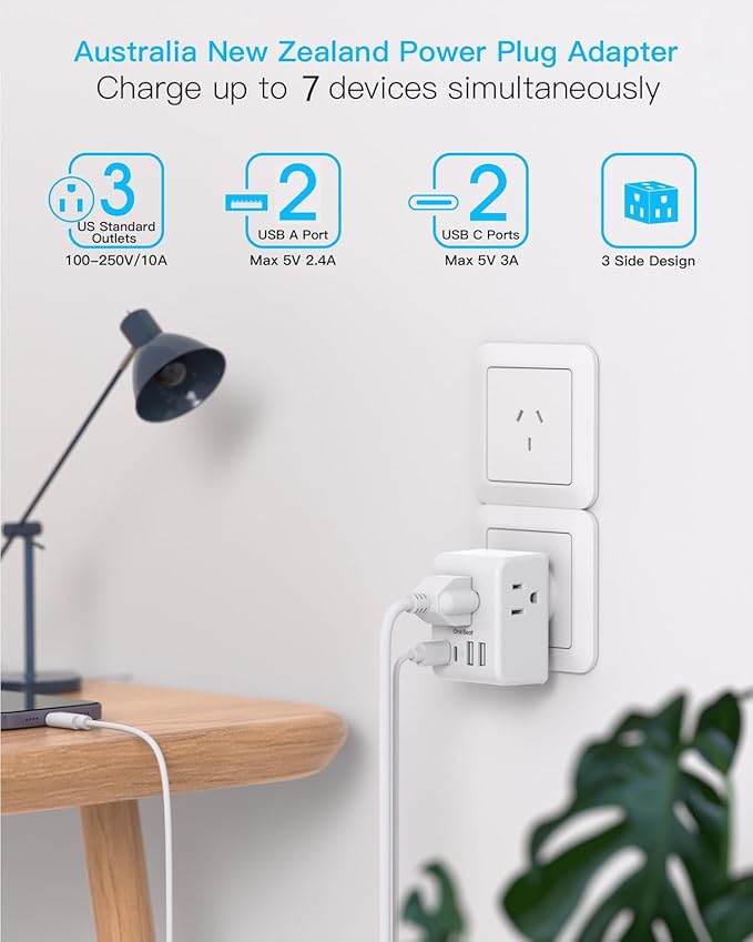 2 Pack Australia New Zealand Power Plug Adapter, Australia Travel Adapter with 3 American Outlets 4 USB Charging Ports (2 USB C), Type I Plug Adapter for US to Australia, Argentina, China