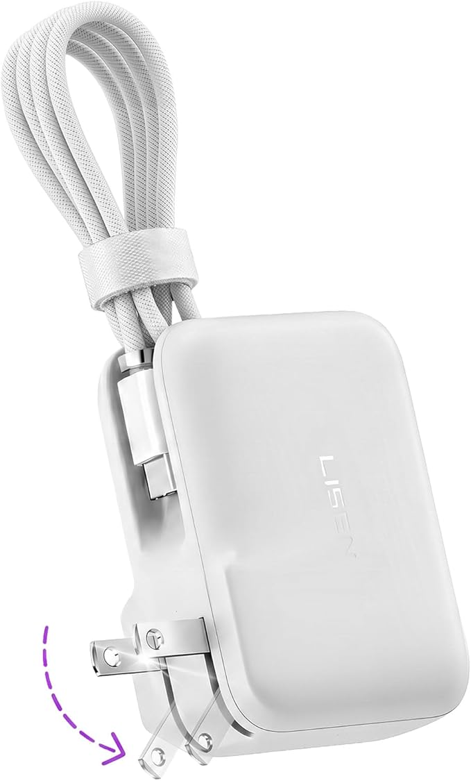 LISEN [Practical＆Lazy Design] 3 in 1 Travel Essentials Power Bank，7000mAh 35W Fast Charging with Wall Plug and Build-in Cable for iPhone 17 16 15 Pro Max Plus,Samsung Galaxy,iPad,Android，Pearl White