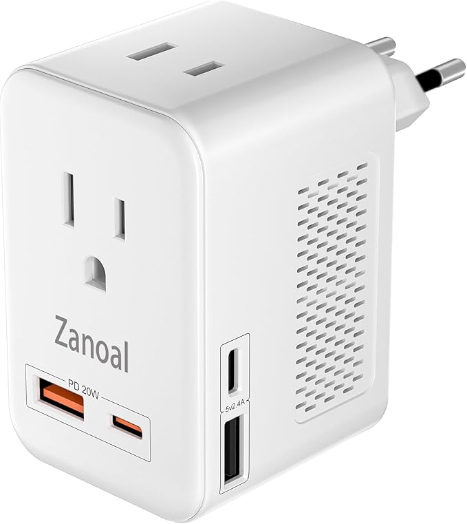 6 in 1 European Travel Plug Adapter,220v to 110v Voltage Converter,US to Europe Travel Adapter,20W PD USB-C Power Adapter, 2 USB A+ 2 Type C,Max 1400w for Hairdryer/traightener/Curling Iron