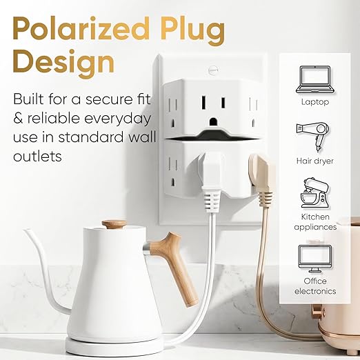 Unidapt 2 Prong to 3 Prong Outlet Adapter, 3 AC Outlet Wall Plug Extender, Polarized Plug for Non-Grounded Outlet in Old House, 1875W/15A, Cruise Essentials, 2 Pack