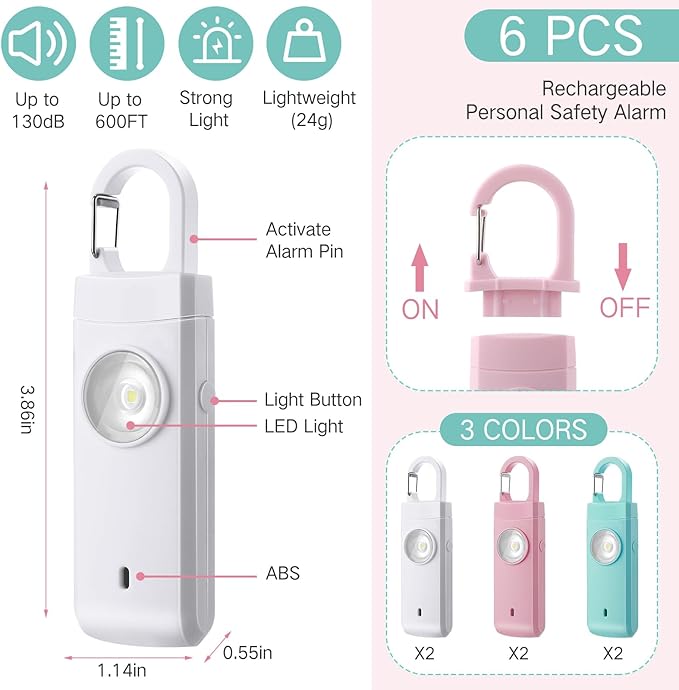 Tellegloww 6 Pcs Rechargeable Personal Safety Alarm for Women, 130db Personal Alarm Protection Keychains Loud Siren with LED Self Defense Keychain for Senior Mom Gift(White,Pink,Blue,Snap)