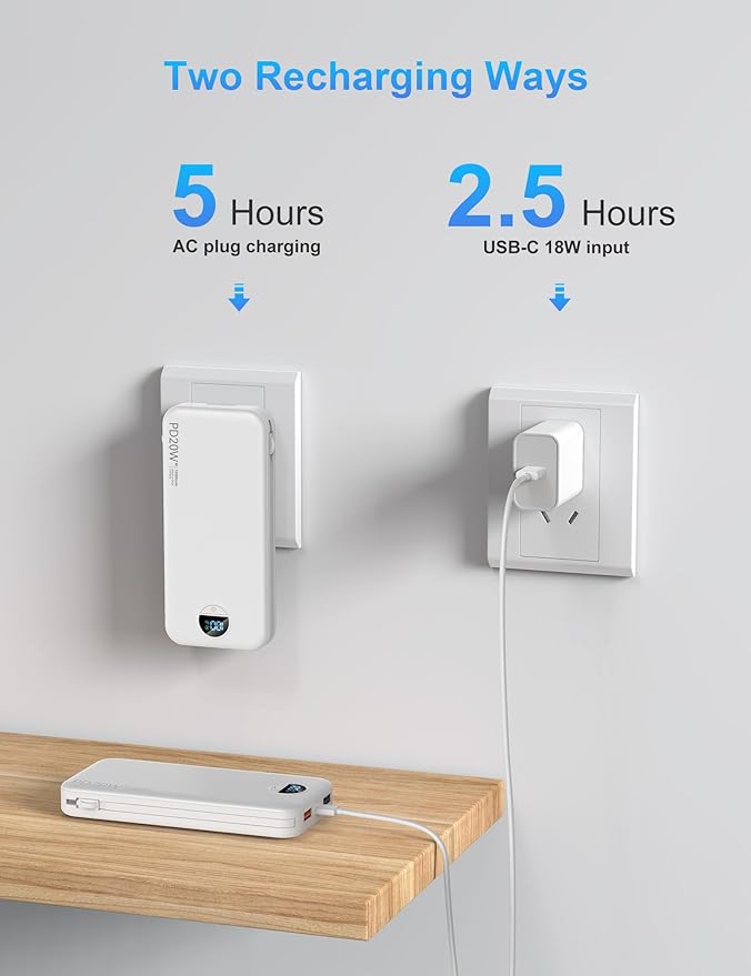 Ffnpua Portable Charger with Wall Plug, 10000mAh USB C Power Bank Fast Charging, External Battery Pack with Built in Cables, Digital Display, 5 Output 4 Input for iPhone Android Cell Phone Tablet