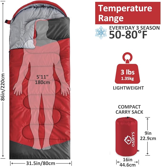 oaskys Camping Sleeping Bag - 3 Season Warm & Cool Weather - Summer Spring Fall Lightweight Waterproof for Adults Kids - Camping Gear Equipment, Traveling, and Outdoors