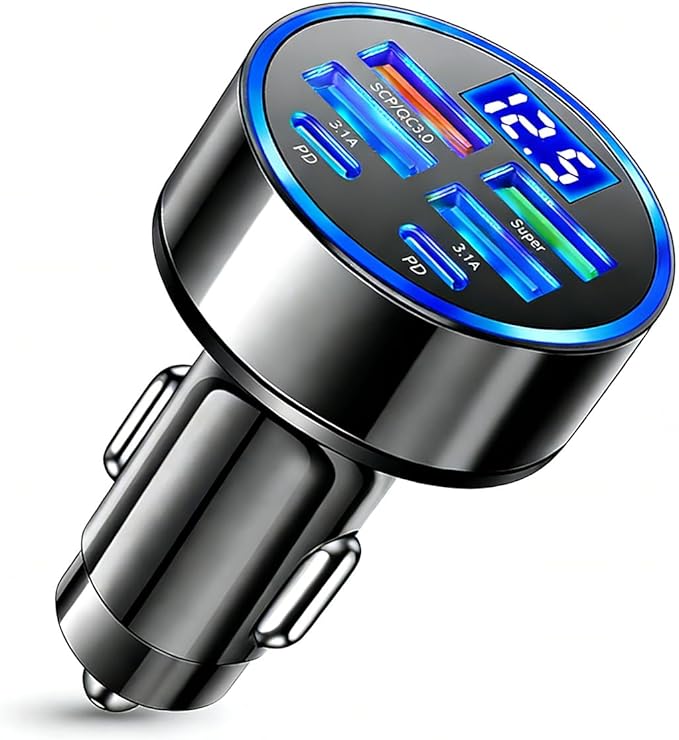 USB C Car Charger Adapter with Voltmeter Compatible with iPhone 16 15 14 13 12 11, Android, Samsung, 120W 6 in 1 Multi-Port Super Fast Charging Cigarette Lighter USB Charger