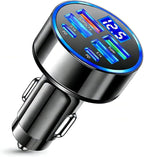 USB C Car Charger Adapter with Voltmeter Compatible with iPhone 16 15 14 13 12 11, Android, Samsung, 120W 6 in 1 Multi-Port Super Fast Charging Cigarette Lighter USB Charger