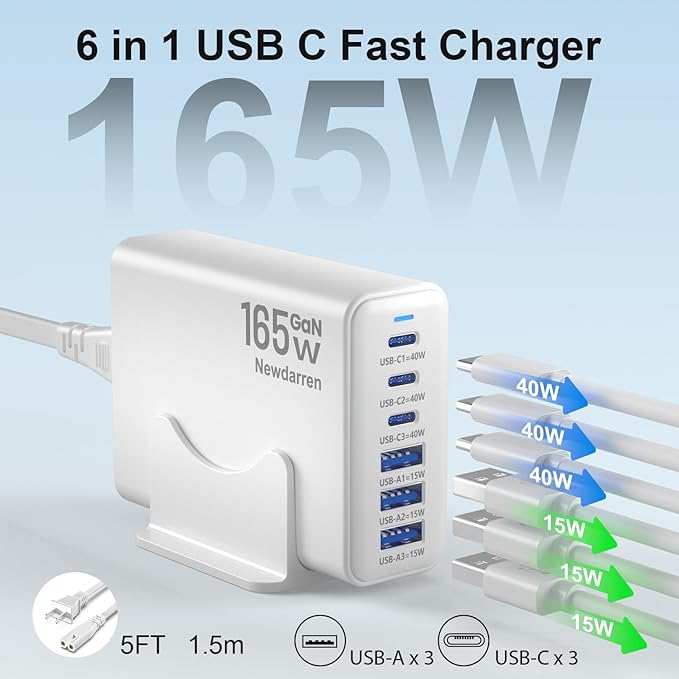 Charging Station for iPhone 17, 165W GaN 6-Port USB C Fast Charger Block, 3 Type-C Each 40W Desktop Charging Hub for Multiple Devices, 5ft Cord - Ideal for Home Office Travel White