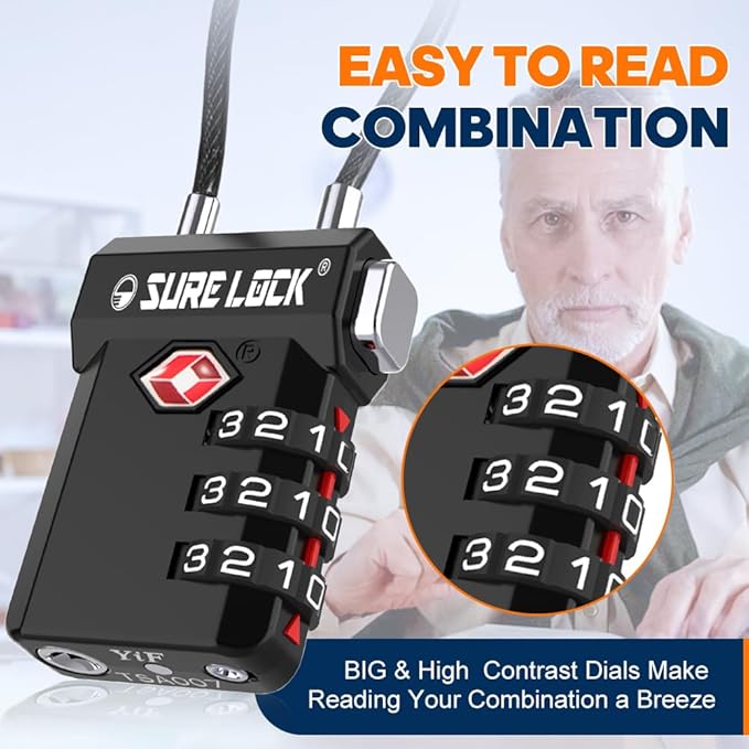 SURE LOCK TSA Approved Luggage Locks with Open Alert & Easy-Read Dials, Re-settable 3-Digit Combination, Zinc Alloy Body for Suitcase, Backpack, Gym Lockers(Black 1 Pack)