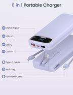 12000mAh Lightweight-Portable-Charger-Power-Bank with Built-in Cables and AC Wall Plug, PD20W USB-C Fast Charging Battery Pack, LED Display External Travel Phone Charger for All iPhone,Samsung,Android