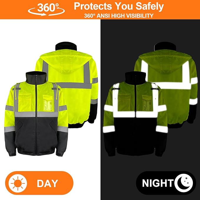 HYCOPROT Hi-Vis Safety Jacket for Men High Visibility Reflective Bomber Winter Waterproof Work Construction Coat ANSI Class 3