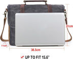 Mens Messenger Bag 15.6 Inch Waterproof Vintage Genuine Leather Waxed Canvas Briefcase Large Satchel Shoulder Bag Rugged Leather Computer Laptop Bag, Grey