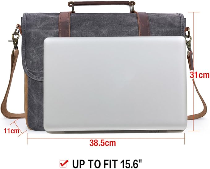Mens Messenger Bag 15.6 Inch Waterproof Vintage Genuine Leather Waxed Canvas Briefcase Large Satchel Shoulder Bag Rugged Leather Computer Laptop Bag, Grey