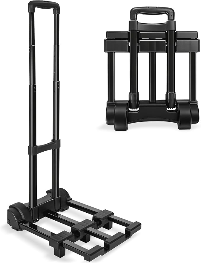 Folding Hand Truck, Foldable Luggage Cart Folding Trolley Dolly with Two Wheels Backpack Trolley with Extendable Chassis Telescopic Rod Utility Cart for Travel Moving Travel Bag, Luggage (Black)