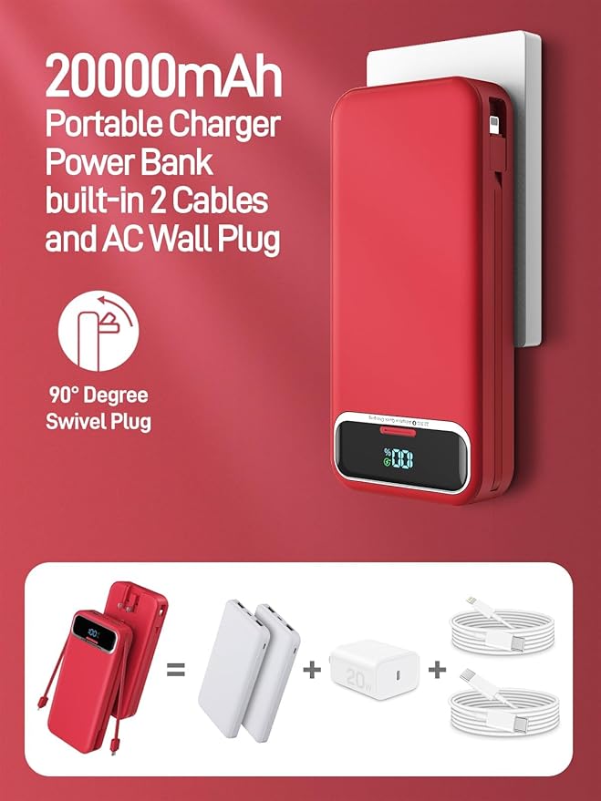Portable Charger, 20000mAh 22.5W Fast Charging Power Bank with Built-in Cables & Wall Plug, Travel Essential External Battery Pack with LED Display, USB C Battery Phone Charger for iPhone Samsung Red