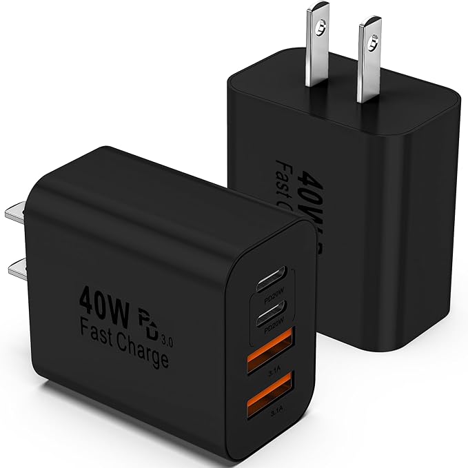 USB C Charger Block, 2 Pack 40W 4-Port iPhone Charger Fast Charging Multiport PD 3.0 & QC 4.0 Double Quick Charge, Compatible with iPhone 17/16/15/14/13/12/11，Pro Max，iPad, Samsung (2, Black)