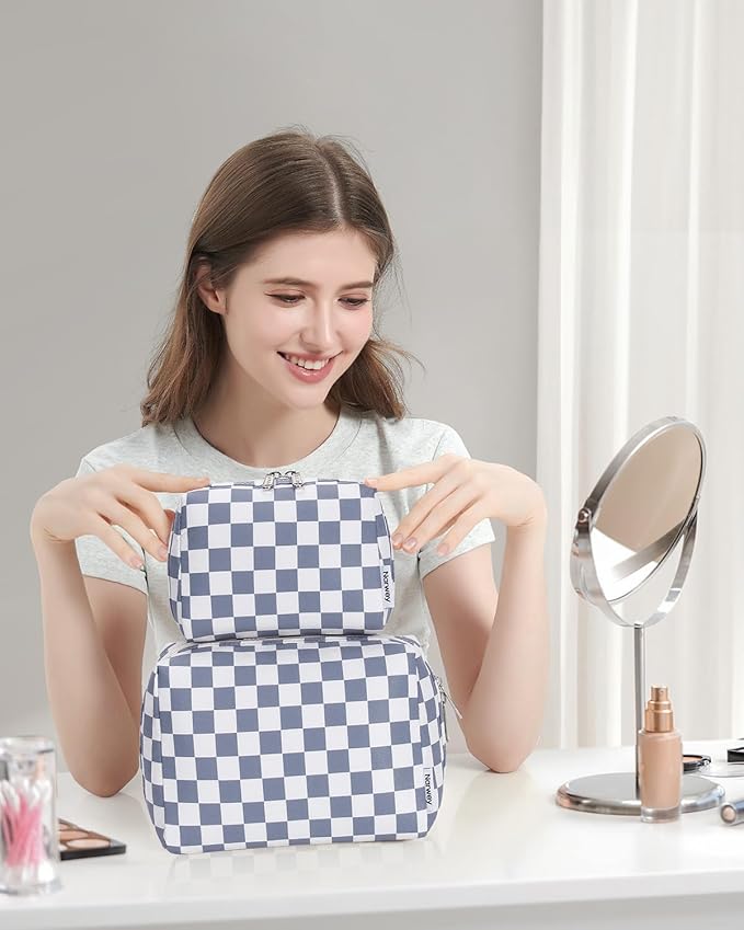 Narwey Checkered Makeup Bag Travel Cosmetic Bag Organizer Toiletry Bag Make Up Bags with Compartments for Women Girls (Large, Grayish Blue Checkerboard)