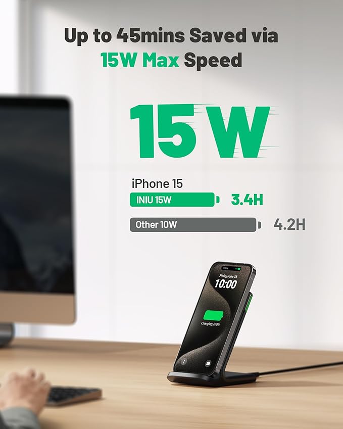 INIU Slimmest 45W 10000mAh Portable Charger with Built-in USB-C Cable & 15W Qi Certifie Wireless Charging Station Combo