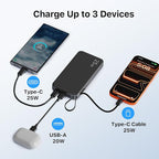 NOBIS Portable Charger 10000mAh 25W Power Bank Fast Charging Battery Pack with Built-in Type-C Cable, USB-C in/Out, USB-A Output with LED Display for Phone 17 S25