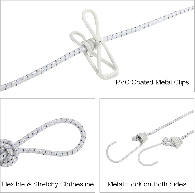 uxcell Travel Clothesline, Portable Clothesline with 12 Clothespins, 1.85M/6.07ft Windproof Stretchy Elastic Laundry Clothes Line for Backyard Hotel Camping Indoor Outdoor, White