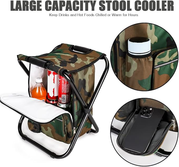 YESIACE Portable Hiking Camouflage Camping Stool, Folding Camping Chair Stool Backpack with Cooler Insulated Picnic Bag