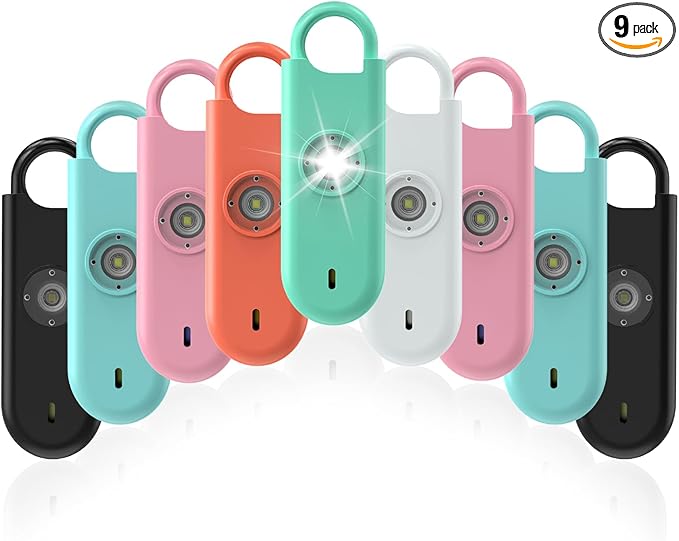 Fauxomor 140dB Personal Safety Alarm for Women, 9 Pack Safe Alarm Protection Keychain with Strobe Light & Low Battery Notice, Security Siren Self Defense for Kids Seniors College Girls