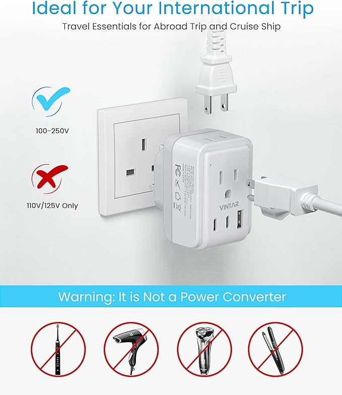 2 Pack US to UK Ireland Plug Adapter, VINTAR Foldable Type G Power Adapter, UK Travel Adaptor with 2 Outlets and 3 USB(2 USB C Ports) for England Scotland Ireland London Dubai Singapore Hong Kong