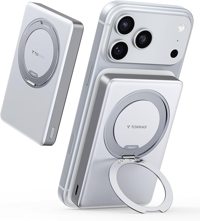 TORRAS Ostand Minimag 10000mAh Magnetic Portable Charger, 360° Rotatable Stand, 15W Wireless & 22.5W PD Fast Charging Battery Pack for iPhone 17/16/15/14, Pro Max, Plus, AirPods - White