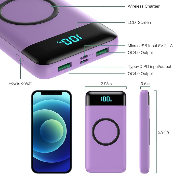 Wireless Portable Charger 30,800mAh,15W Wireless Charging USB C Power Bank,25W PD QC 4.0 Fast Charging 4 Outputs Travel Essentials Battery Pack Compatible with iPhone 17/16/15/14,Galaxy,Android-Purple
