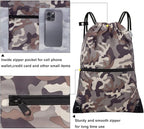 draw string back bag, Large Gym Sports string backpack for men and women with front zipper pocket and inside zipper pocket to keep key or phone (brown camo)