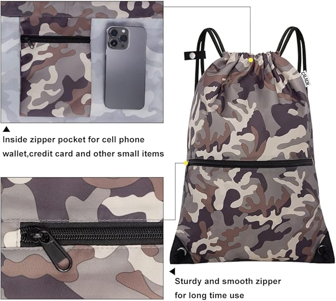 draw string back bag, Large Gym Sports string backpack for men and women with front zipper pocket and inside zipper pocket to keep key or phone (brown camo)