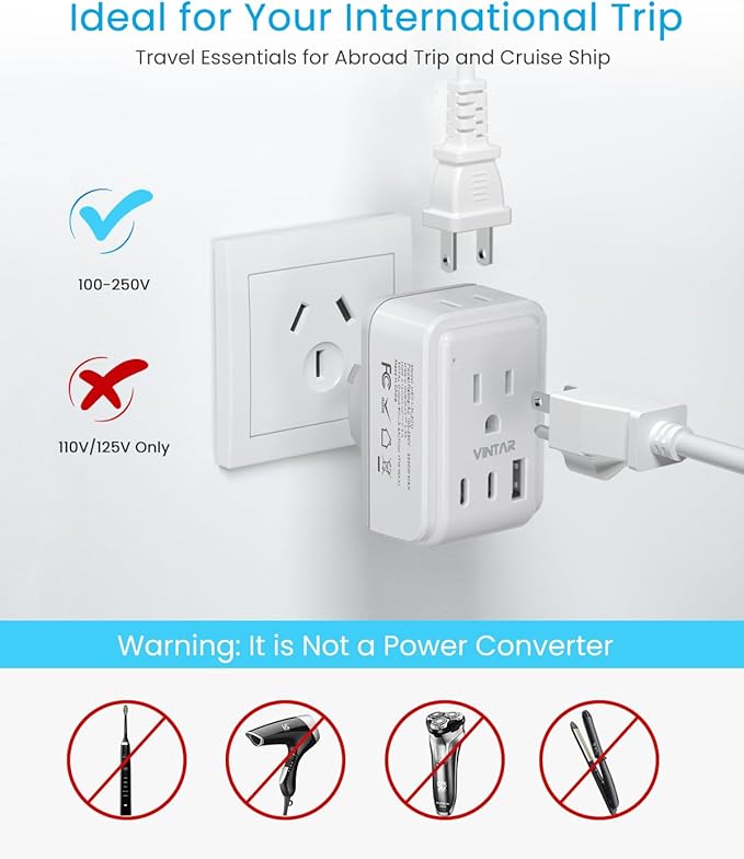 Australia New Zealand Power Adapter, VINTAR Australia Plug Adapter with 2 American Outlets 3 USB Ports(2 USB C), 5 in 1 Type I Travel Adapter for US to Australia, AU, Argentina, China, Fiji
