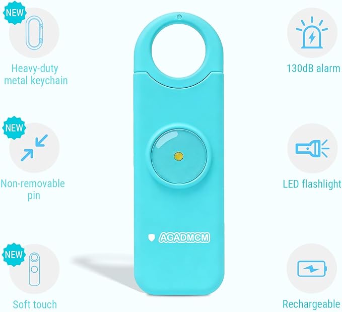 Rechargeable Personal Safety Alarm, 130dB Emergency Siren with LED Flashlight, Portable Keychain for Women, Kids, Elderly, Night Running & Travel (Aqua)