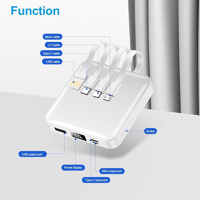ummz Portable Charger with Built-in Cable,12000mAh 22.5W Fast Charging Small Power Bank,USB C Input/Output with Smart LED Display,External Battery Pack for iPhone,Tablet,Samsung