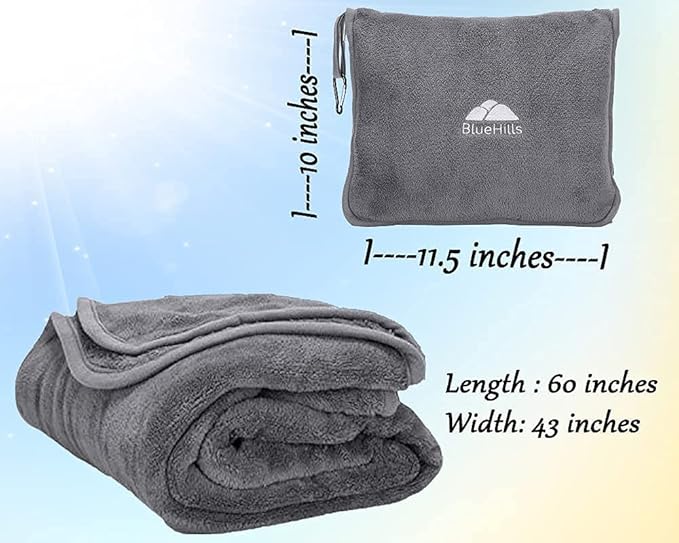 BlueHills Premium Soft Travel Blanket Pillow Value Pack Set of 2 - Airplane Flight Blanket Throw in Soft Bag with Luggage Belt Compact Pack Large Blanket for Travel Gray and Light Pink Colors