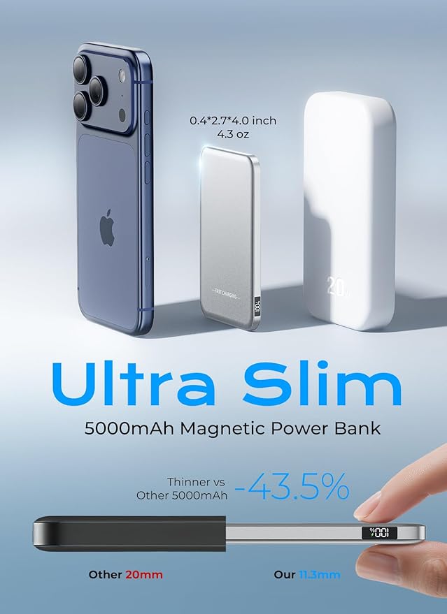 Aobbow Magnetic Portable Charger, 5000mAh Ultra Slim Power Bank, 15W Fast Charging for Magsafe Battery Pack, Travel Essential Wireless Charger Compatible with iPhone 17/16/15 Series - Space Gray