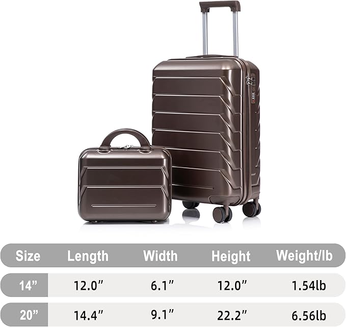Kids Luggage Sets for Girls, 2 Piece Luggage Set, 20 Inch Rotating Wheel Suitcase with 14 Inch Cosmetic Case, Lightweight Hardshell Suitcase with 360° Spinner Wheels for Travel (Brown)