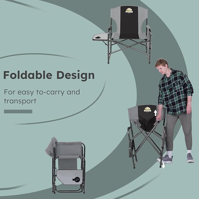 Colegence Oversized Directors Camping Chair Support 600 LBS, Heavy Duty Folding Outdoor Chairs with Detachable Side Pocket and Adjustable Side Table for Outside Beach,Lawn,Fishing (Black)