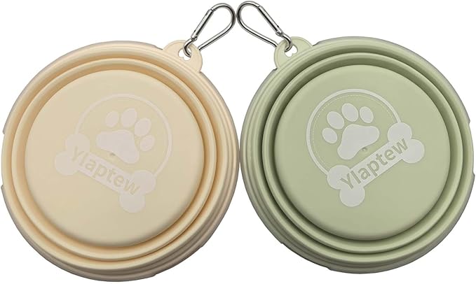 Medium Collapsible Dog Bowl 23oz,2 Pack Portable and Foldable Pet Travel Bowls with 2 Carabiners & Lids for Dogs Cats and Small Animals (Macaron Yellow+Green, 650ml)