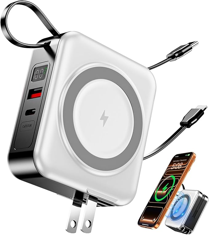 for Magsafe Portable Charger with Built-in Cables and AC Wall Plug, 10000mAh Magnetic Wireless Power Bank 22.5W Type-C in & Out Fast Charging Battery Pack for iPhone 17/16/15/14/13/12 Series, White
