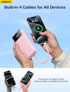 OHOVIV Portable Charger Power Bank 50000mAh Battery Pack, 22.5W Fast Charging PowerBank with Built in Cables,Travel Essential USB-C Portable Phone Charger for iPhone Samsung Pixel Android iPad-Pink