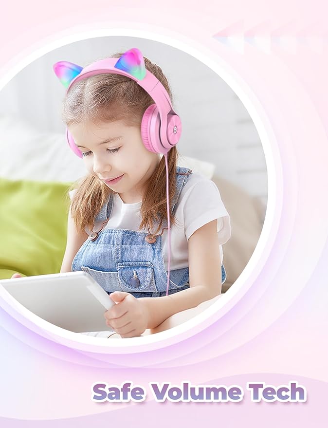 iClever Kids Headphones with Cat Ear Led Light Up, Safe Volume Limite, FunShare, Foldable, Over-Ear Headphones for Kids for School/iPad/Tablet/Travel, Meow Donut-Pink