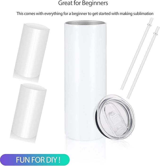 YOUKE OLA Sublimation Skinny Tumbler Straight Blank White 20oz - Sublimation Tumblers for Heat Transfer, Stainless Steel Coffee Cup with Shrink Wrap Sleeve & Heat Tape | Vinyl DIY Gifts, 6 Pack