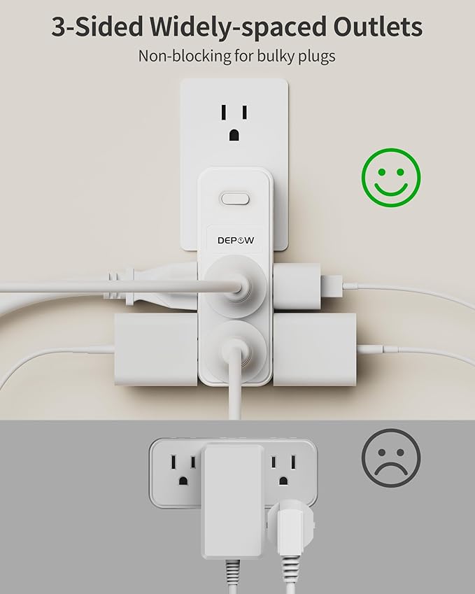 DEPOW Outlet Extender with 360° Rotating Plug, 6 AC Outlet Splitter (1875W/15A), Multi Plug Wall Outlet with Power Switch, White Outlet Adapter for Home Office Cruise Ship Travel Essential