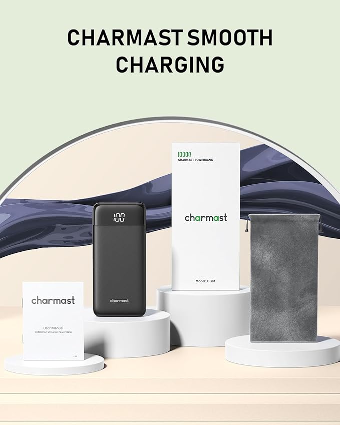 charmast 10000mAh Portable Charger with Built in Cables, 22.5W Travel Essential Power Bank Fast Charging, USB C Battery Pack for iPhone 17/16/15/14/13/12/11 Series, iPad, Samsung, Android, Tablet